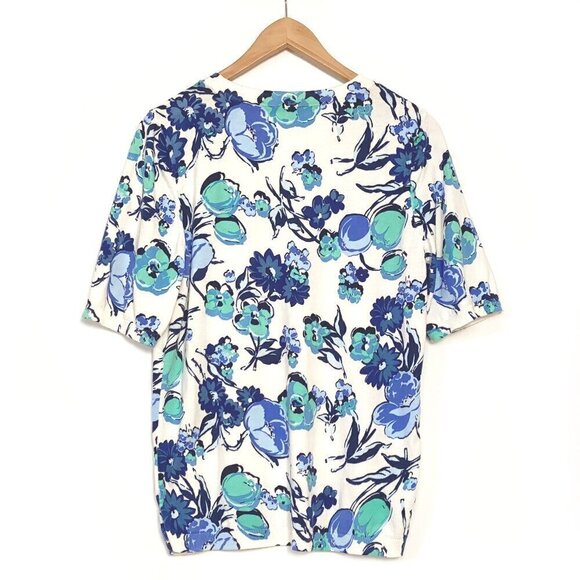 Talbots Womens Floral Knit Top Short Sleeve Preppy White Blue Green - Picture 5 of 9